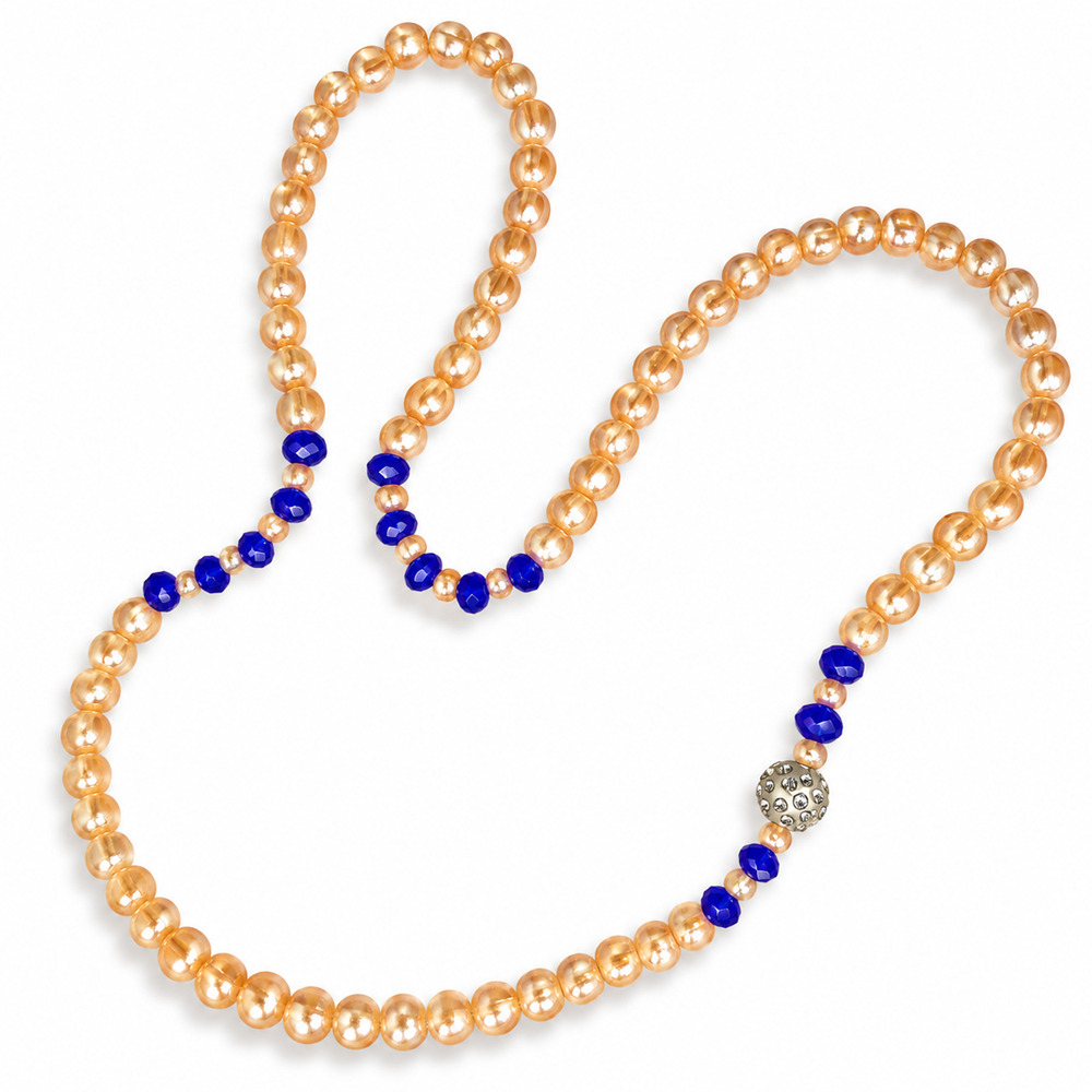 Golden Amber & Cobalt Blue Beaded Necklace Rhinestone Accent Fashion Jewelry